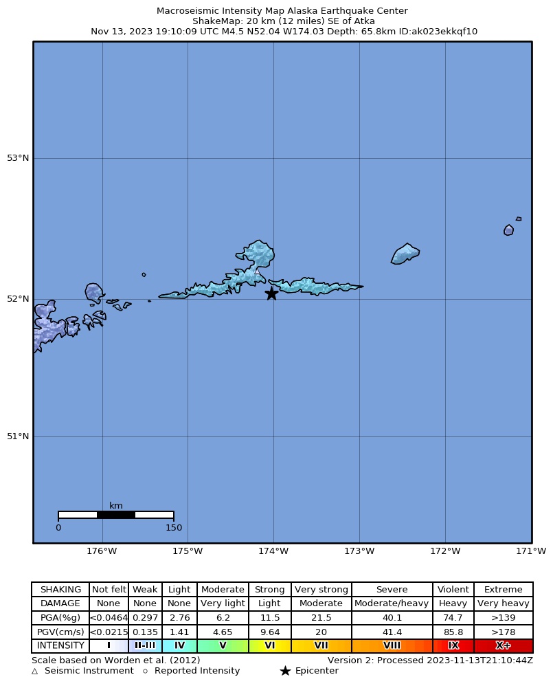 USGS ShakeMap intensity contours for the M4.4 earthquake near 9 km E of Atka, Alaska