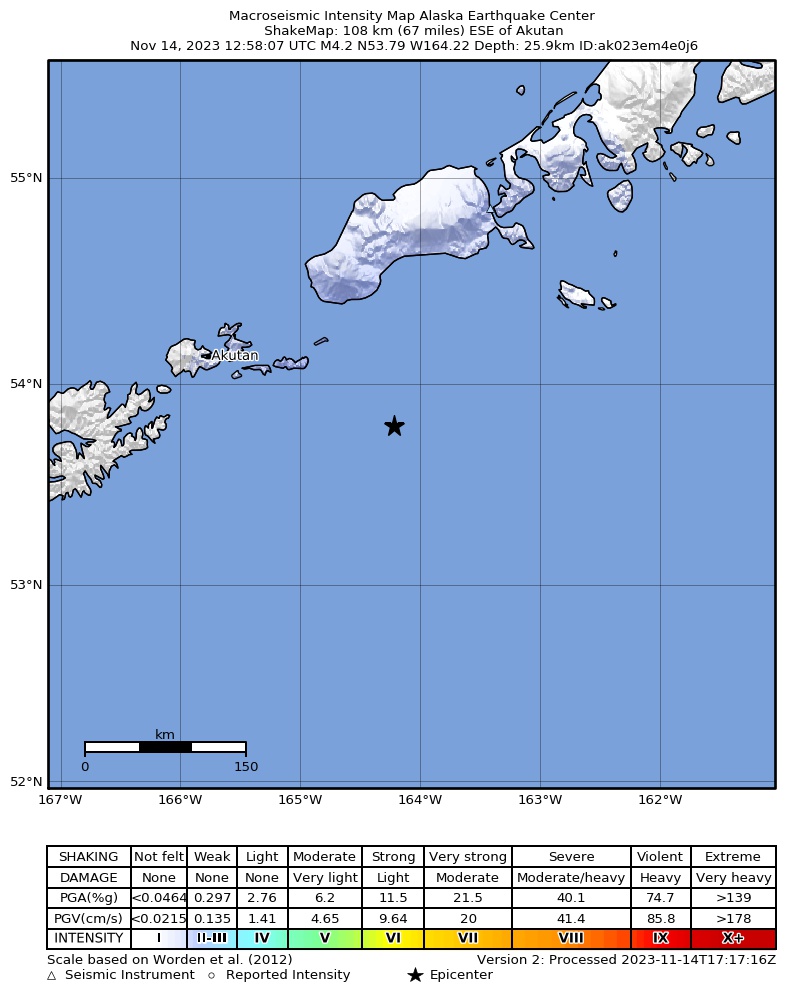 USGS ShakeMap: estimated shaking intensity around the epicenter