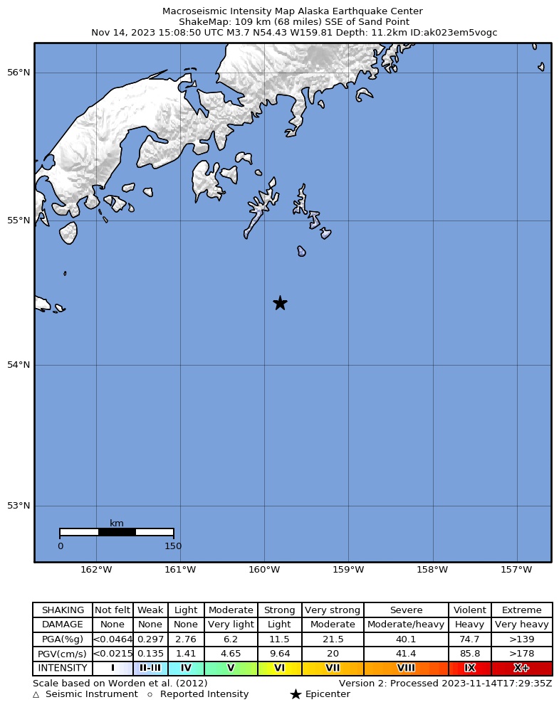 USGS ShakeMap: estimated shaking intensity around the epicenter