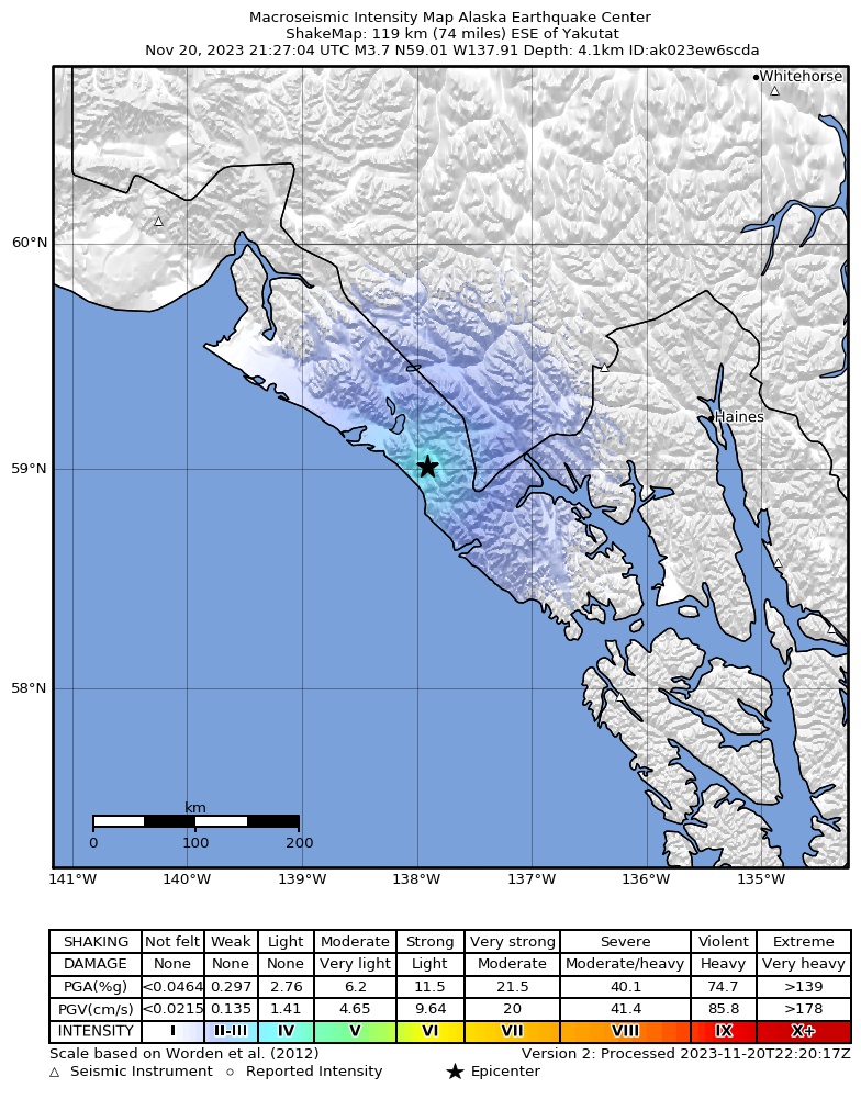 USGS ShakeMap intensity contours for the M3.7 earthquake near 118 km ESE of Yakutat, Alaska