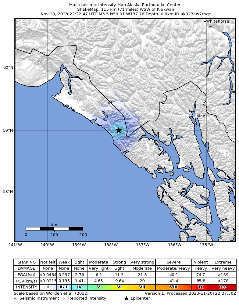 USGS ShakeMap intensity contours for the M3.3 earthquake near 119 km ESE of Yakutat, Alaska
