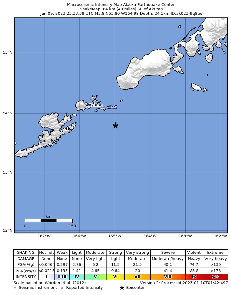USGS ShakeMap intensity contours for the M3.8 earthquake near 61 km SE of Akutan, Alaska