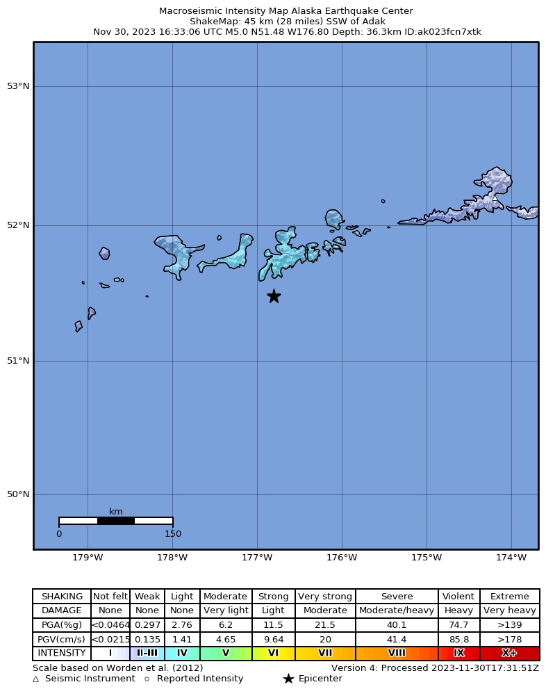 USGS ShakeMap intensity contours for the M5.0 earthquake near 46 km SSW of Adak, Alaska