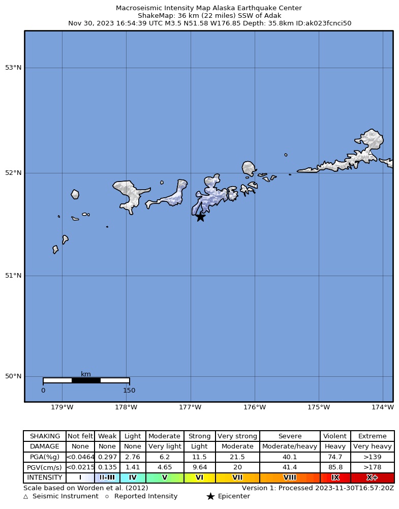 USGS ShakeMap intensity contours for the M4.1 earthquake near 49 km SSW of Adak, Alaska