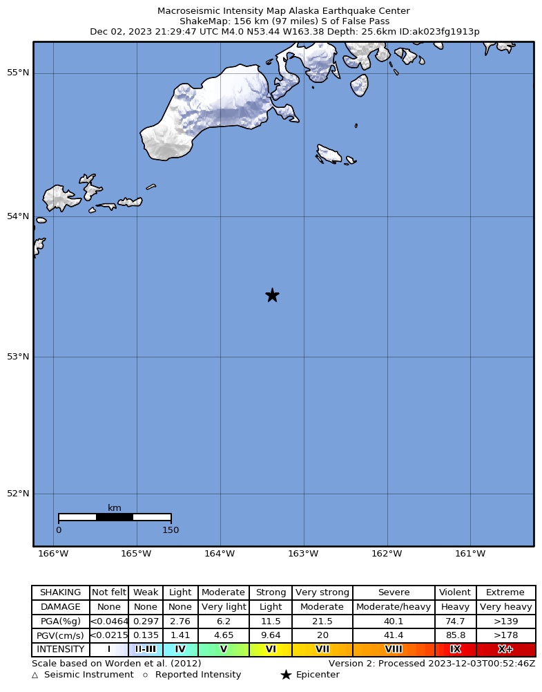USGS ShakeMap: estimated shaking intensity around the epicenter