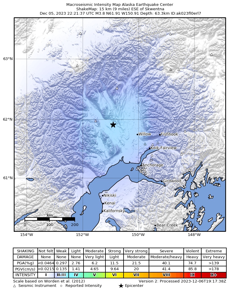 USGS ShakeMap intensity contours for the M3.8 earthquake near 26 km ESE of Skwentna, Alaska