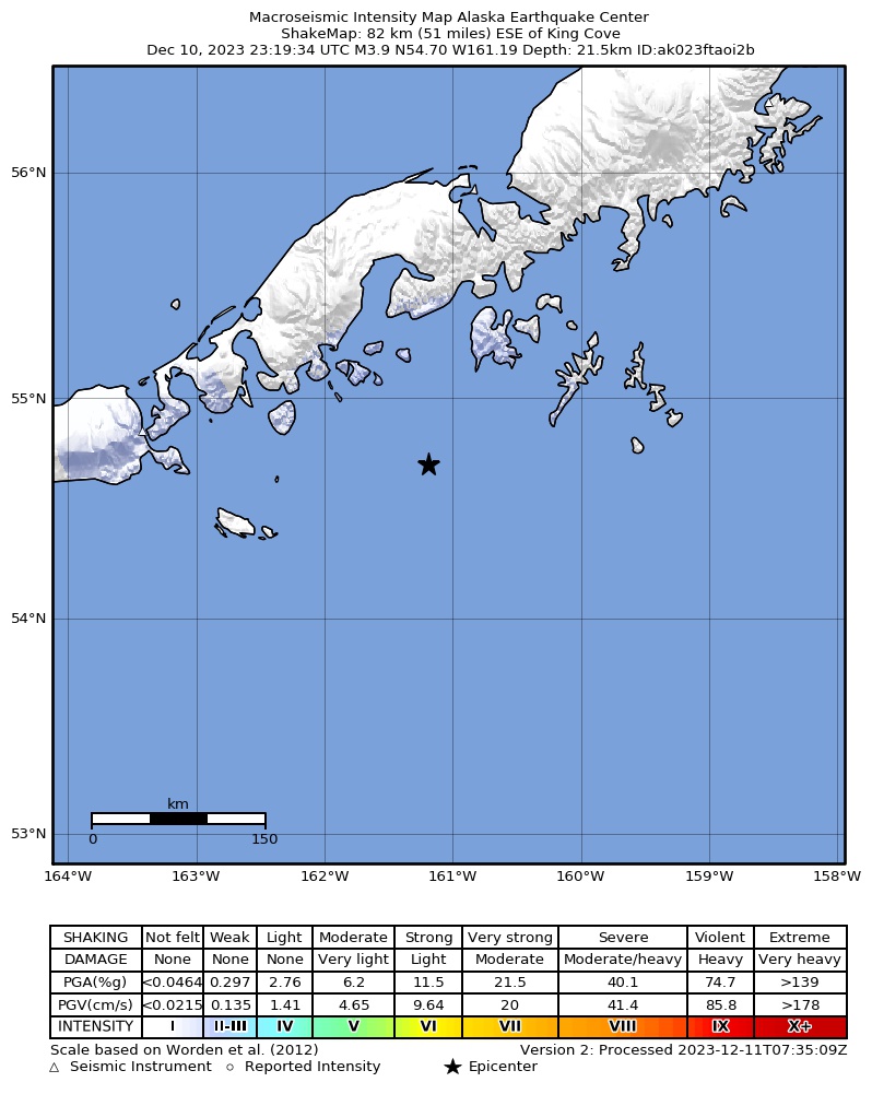 USGS ShakeMap intensity contours for the M4.3 earthquake near 79 km ESE of King Cove, Alaska