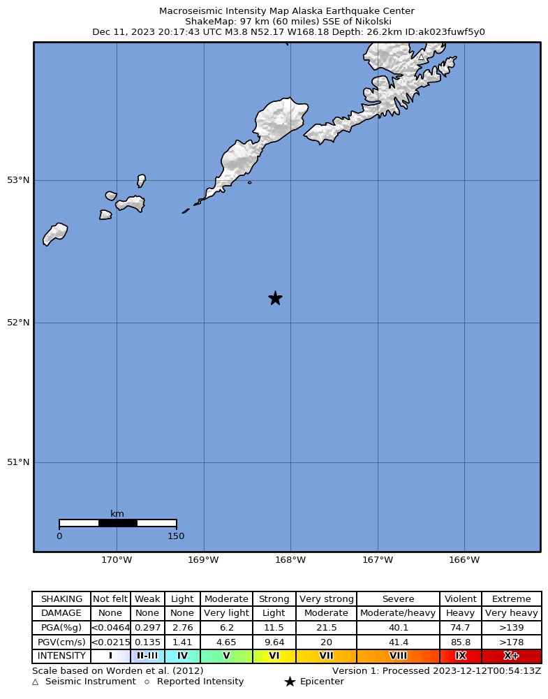 USGS ShakeMap intensity contours for the M4.2 earthquake near 80 km SSE of Nikolski, Alaska