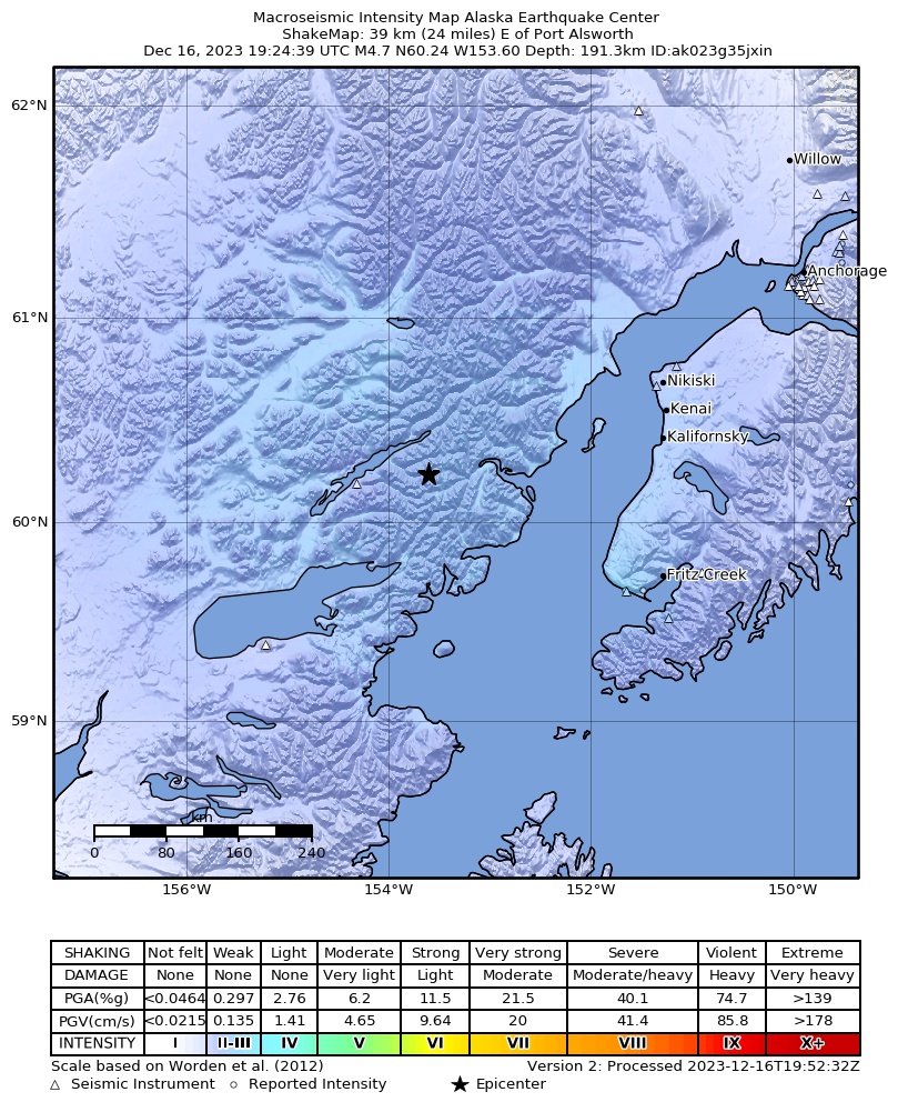 USGS ShakeMap intensity contours for the M4.7 earthquake near 39 km E of Port Alsworth, Alaska