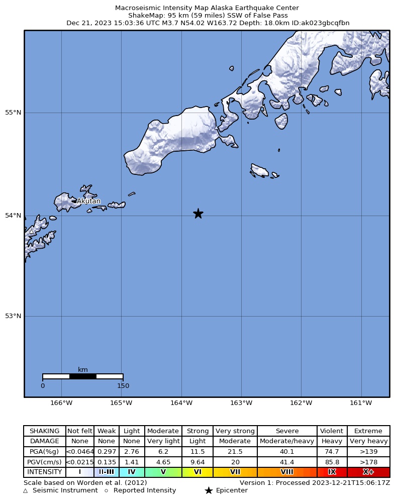 USGS ShakeMap: estimated shaking intensity around the epicenter