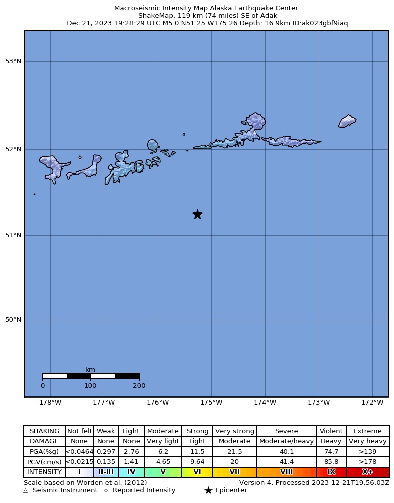USGS ShakeMap intensity contours for the M4.7 earthquake near 120 km SE of Adak, Alaska