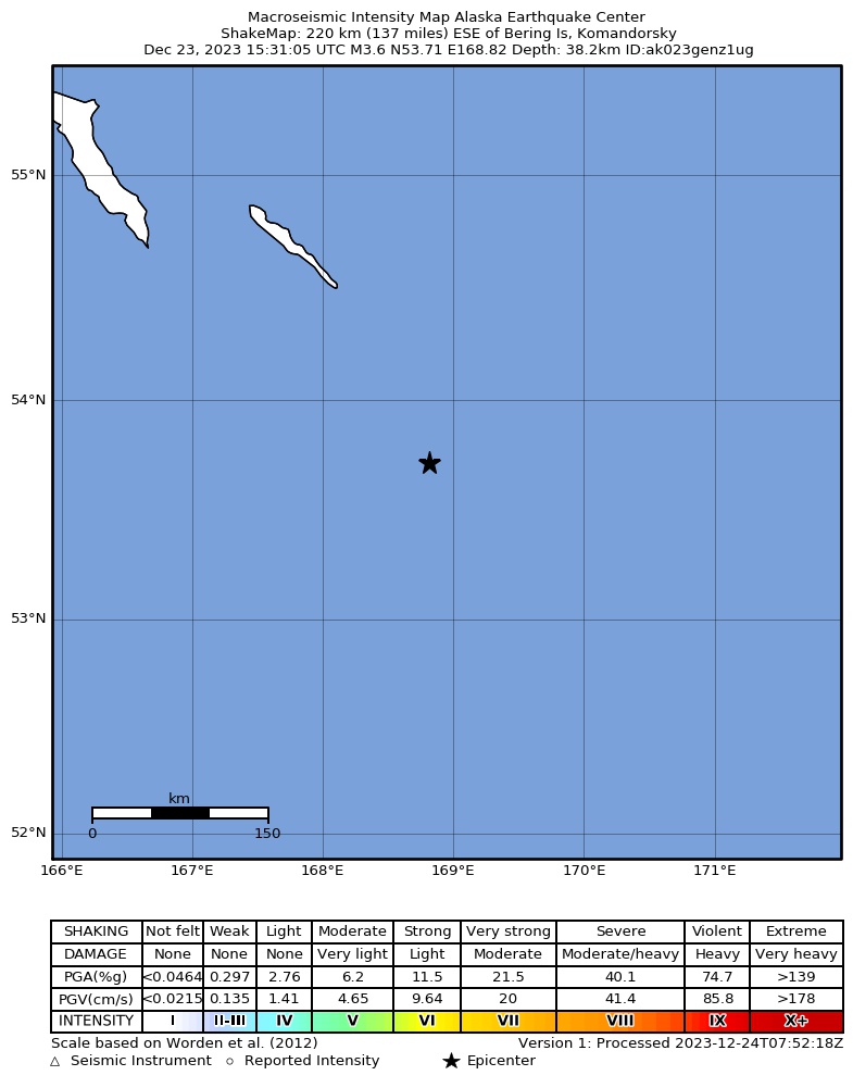 USGS ShakeMap intensity contours for the M5.0 earthquake near Komandorskiye Ostrova, Russia region