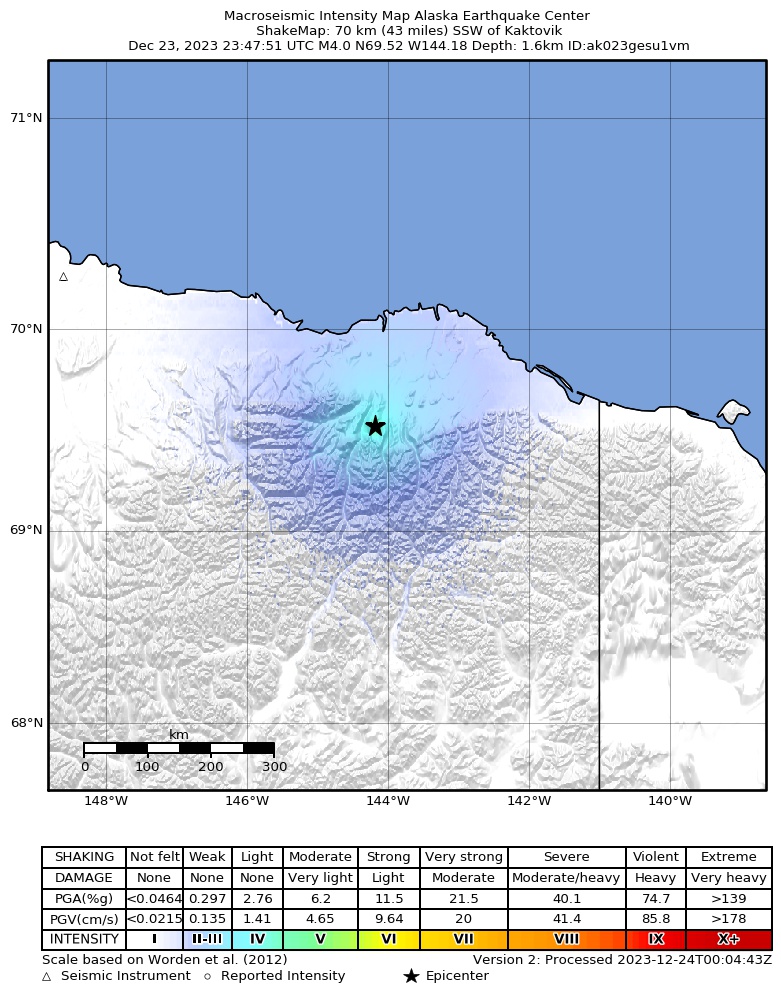 USGS ShakeMap intensity contours for the M4.1 earthquake near 72 km SSW of Kaktovik, Alaska