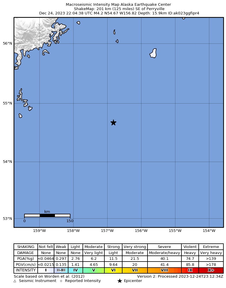 USGS ShakeMap intensity contours for the M4.4 earthquake near 202 km SE of Perryville, Alaska