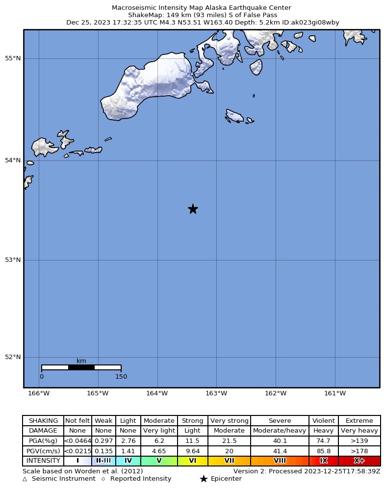 USGS ShakeMap intensity contours for the M4.6 earthquake near 150 km S of False Pass, Alaska