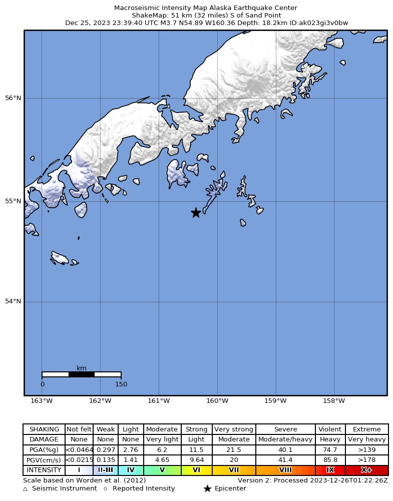 USGS ShakeMap intensity contours for the M3.8 earthquake near 42 km S of Sand Point, Alaska