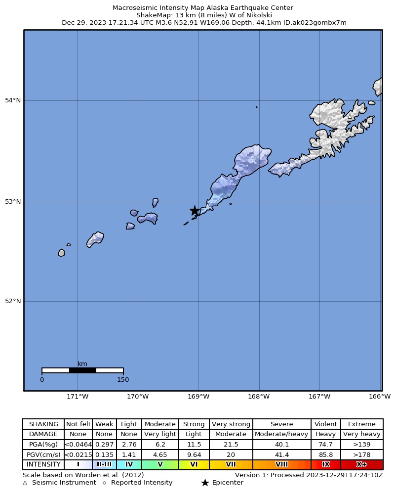 USGS ShakeMap: estimated shaking intensity around the epicenter