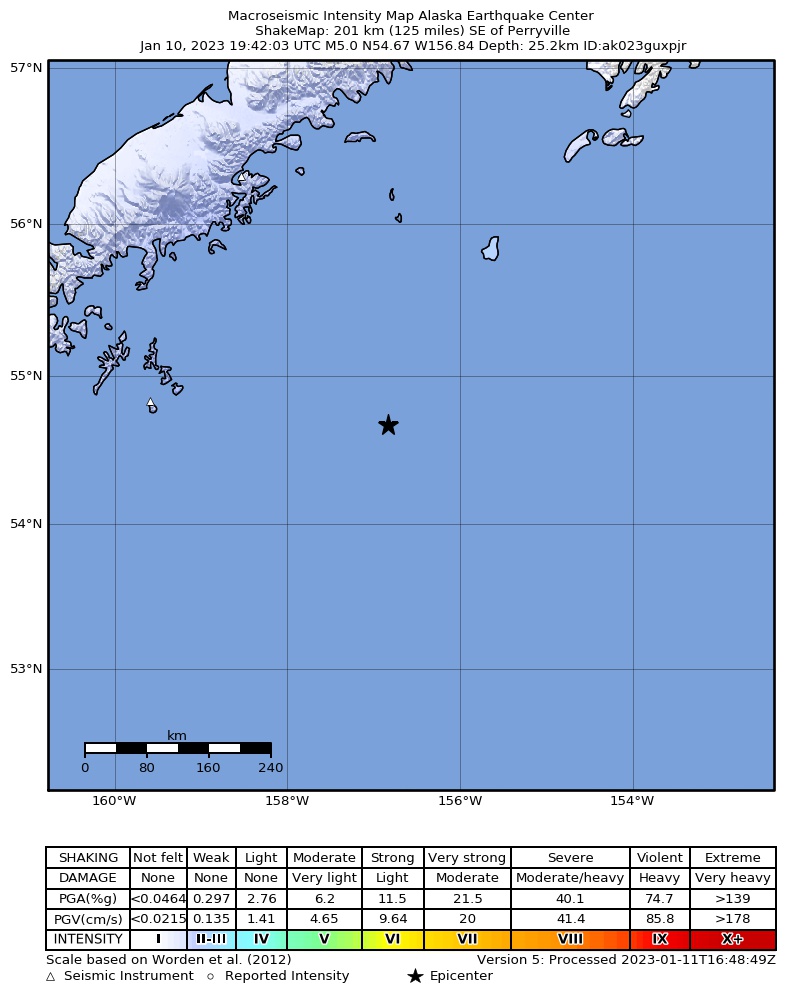USGS ShakeMap intensity contours for the M5.0 earthquake near 199 km SE of Perryville, Alaska