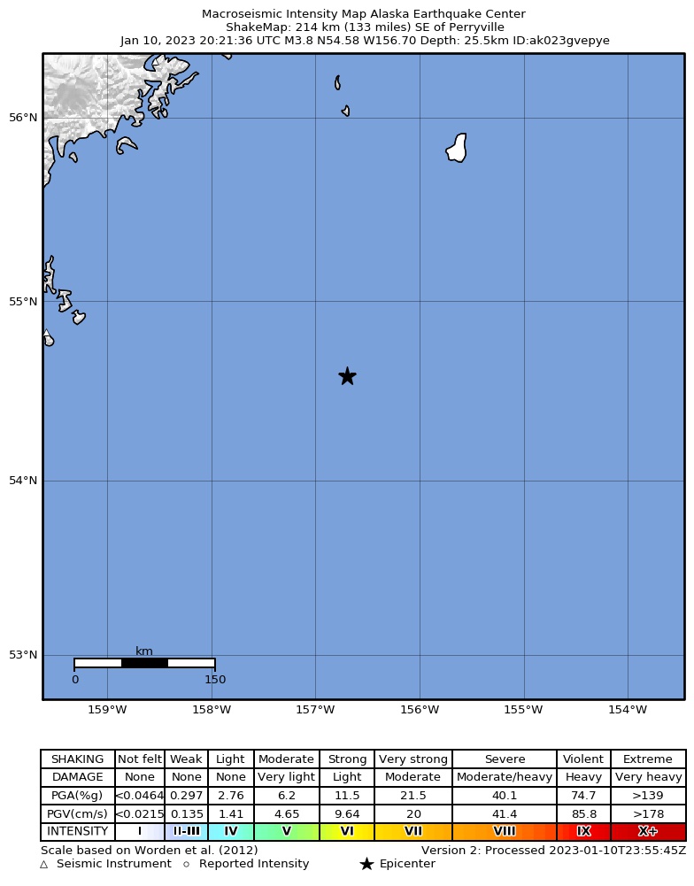 USGS ShakeMap intensity contours for the M3.9 earthquake near 209 km SE of Perryville, Alaska