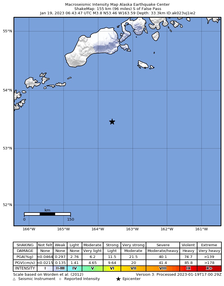 USGS ShakeMap: estimated shaking intensity around the epicenter