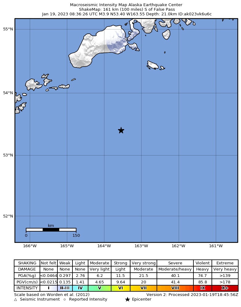 USGS ShakeMap: estimated shaking intensity around the epicenter