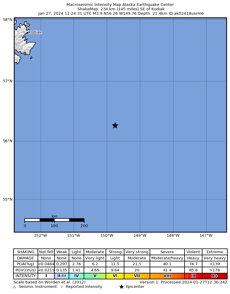 USGS ShakeMap: estimated shaking intensity around the epicenter