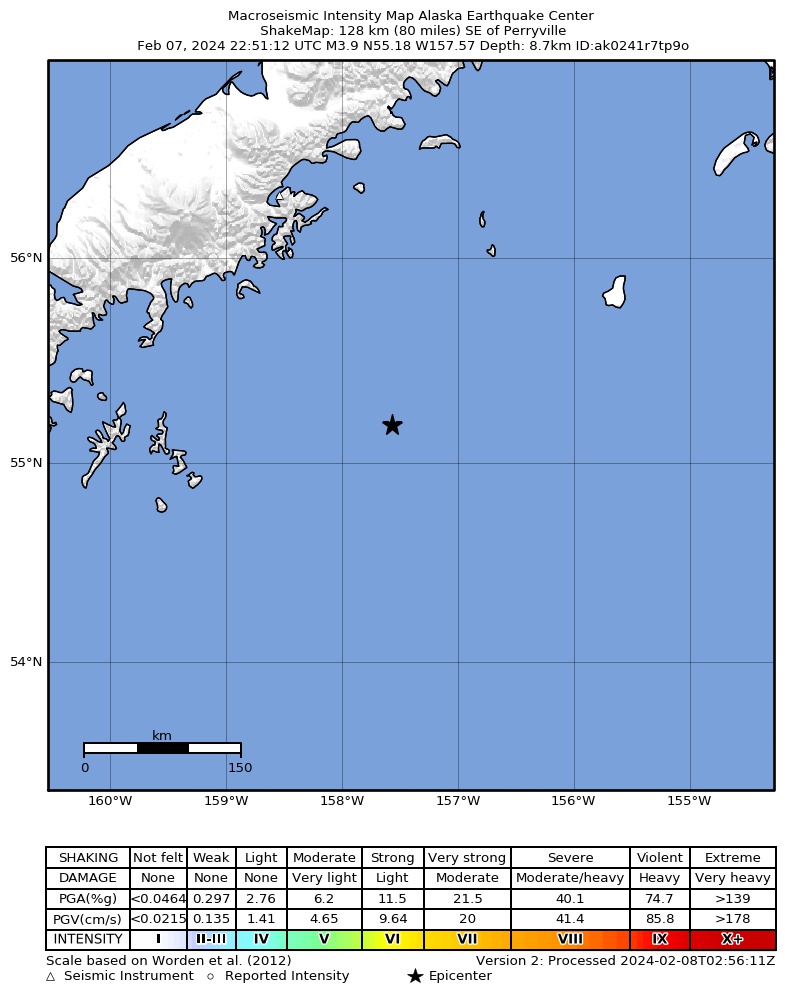 USGS ShakeMap intensity contours for the M3.8 earthquake near 138 km SE of Perryville, Alaska