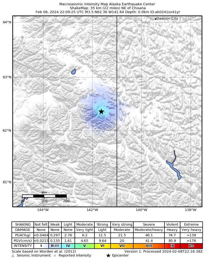 USGS ShakeMap intensity contours for the M3.6 earthquake near 49 km SW of Alcan Border, Alaska