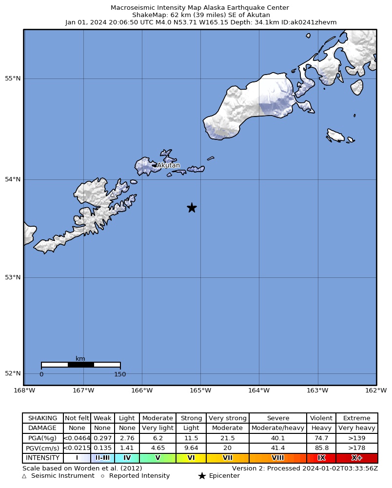 USGS ShakeMap intensity contours for the M4.0 earthquake near 35 km SE of Akutan, Alaska