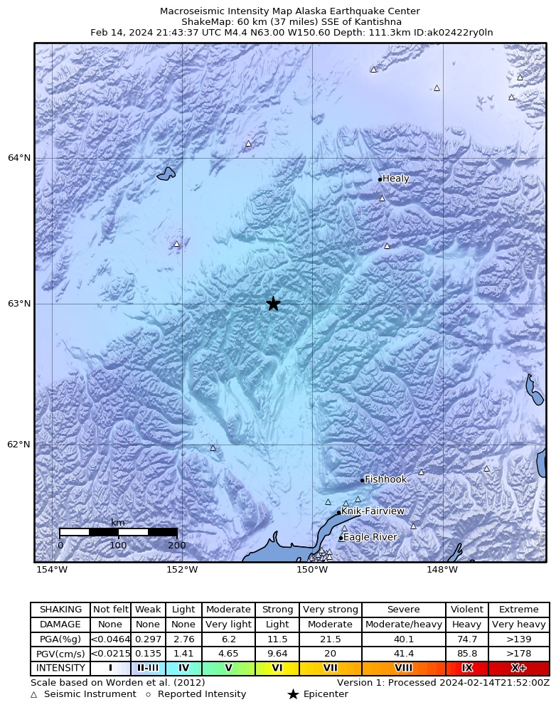 USGS ShakeMap intensity contours for the M4.7 earthquake near 57 km N of Petersville, Alaska
