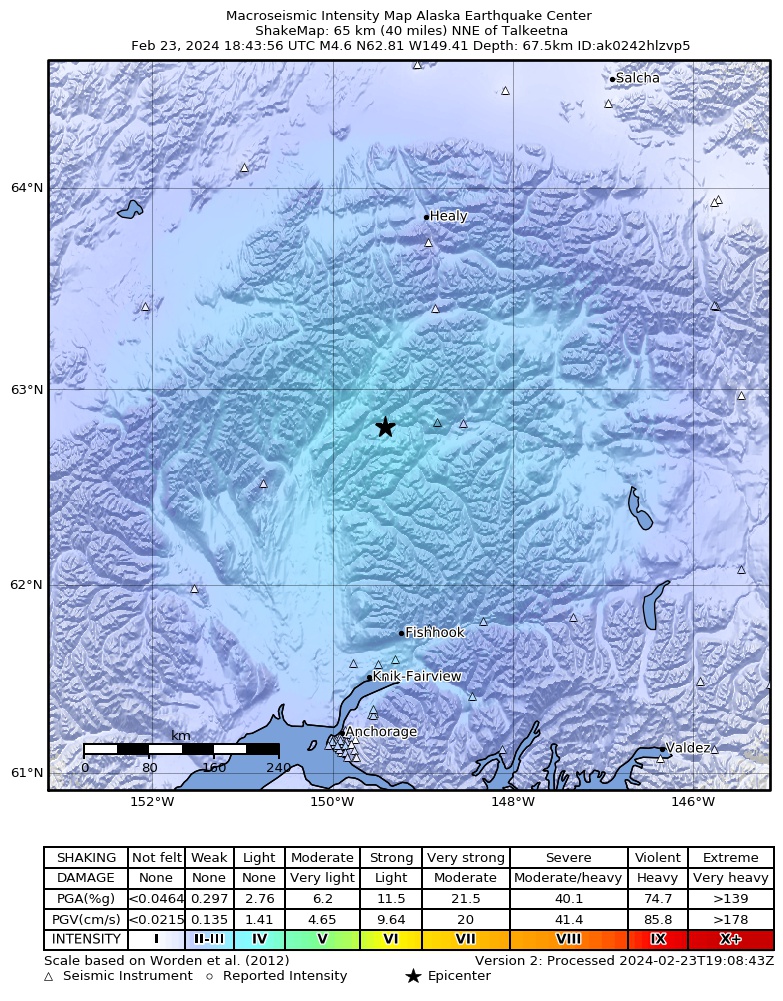 USGS ShakeMap intensity contours for the M4.4 earthquake near 52 km NE of Chase, Alaska