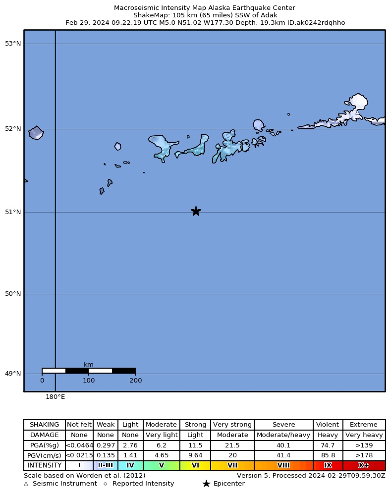 USGS ShakeMap intensity contours for the M5.0 earthquake near 104 km SSW of Adak, Alaska