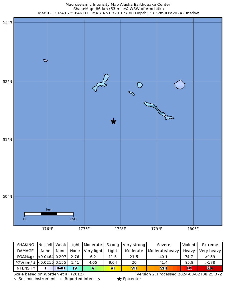 USGS ShakeMap intensity contours for the M4.9 earthquake near Rat Islands, Aleutian Islands, Alaska