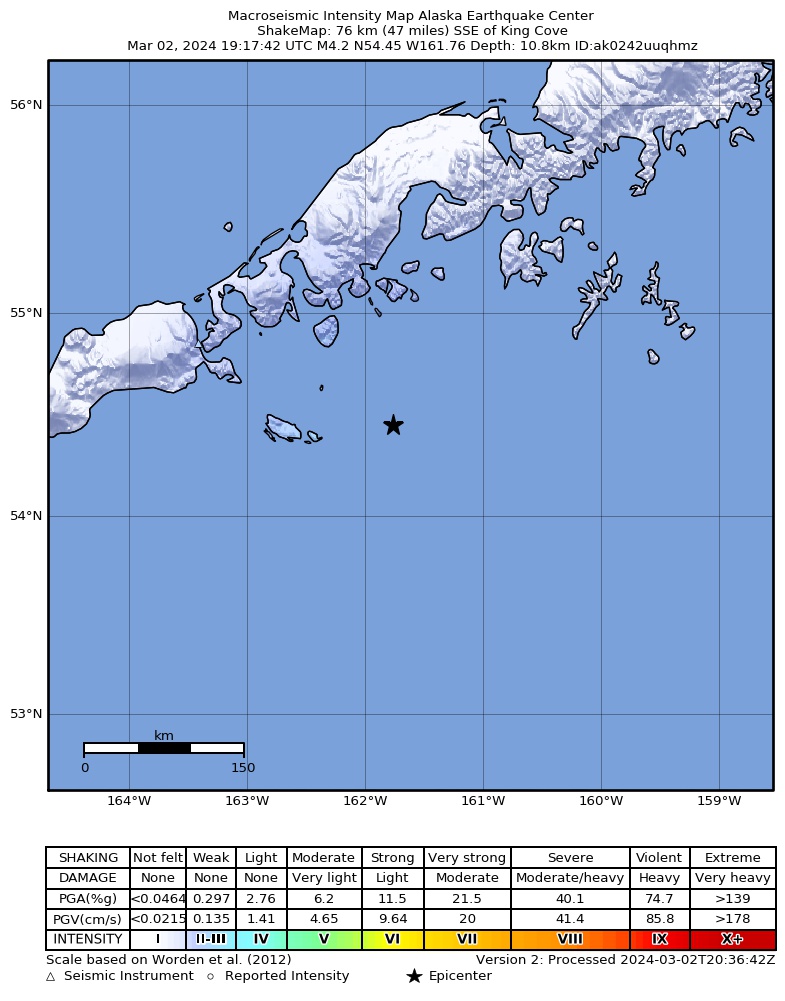 USGS ShakeMap intensity contours for the M4.4 earthquake near 81 km SSE of King Cove, Alaska