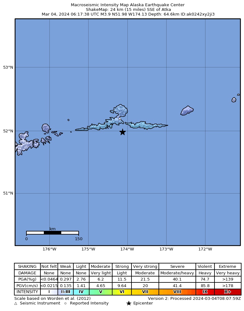 USGS ShakeMap: estimated shaking intensity around the epicenter
