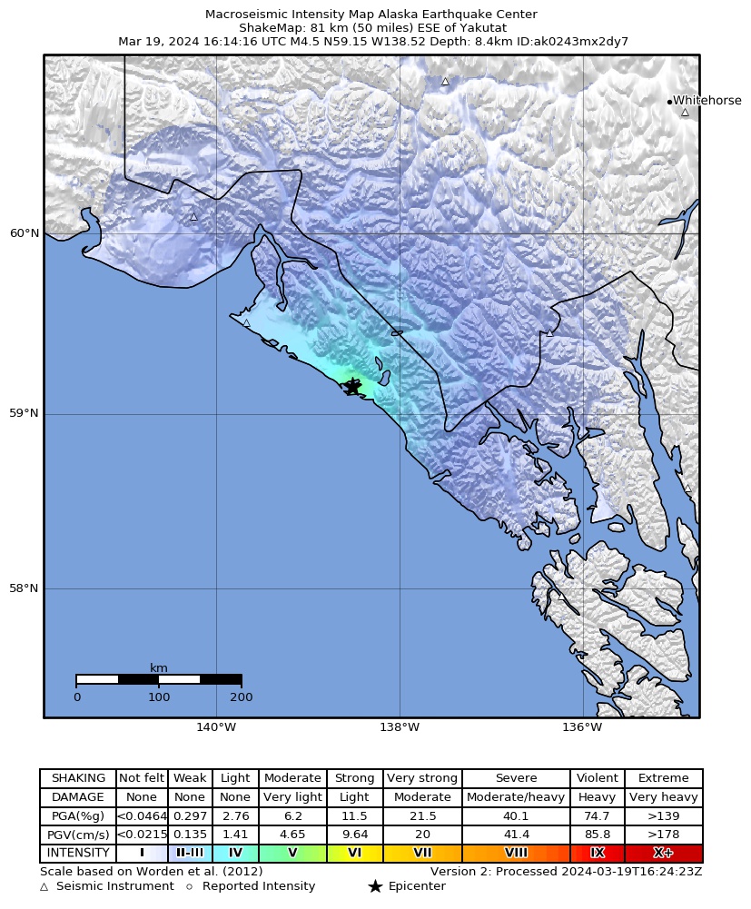 USGS ShakeMap intensity contours for the M4.6 earthquake near 82 km ESE of Yakutat, Alaska
