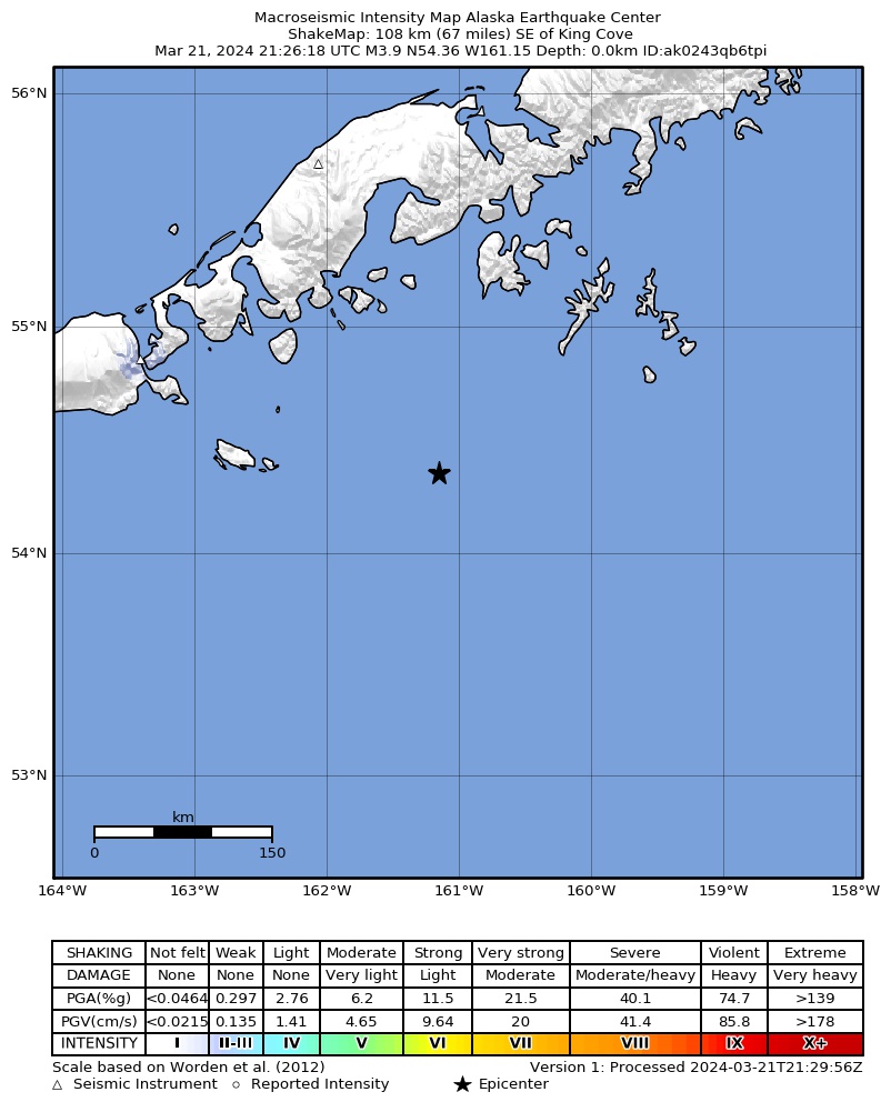USGS ShakeMap intensity contours for the M3.9 earthquake near 120 km SE of King Cove, Alaska