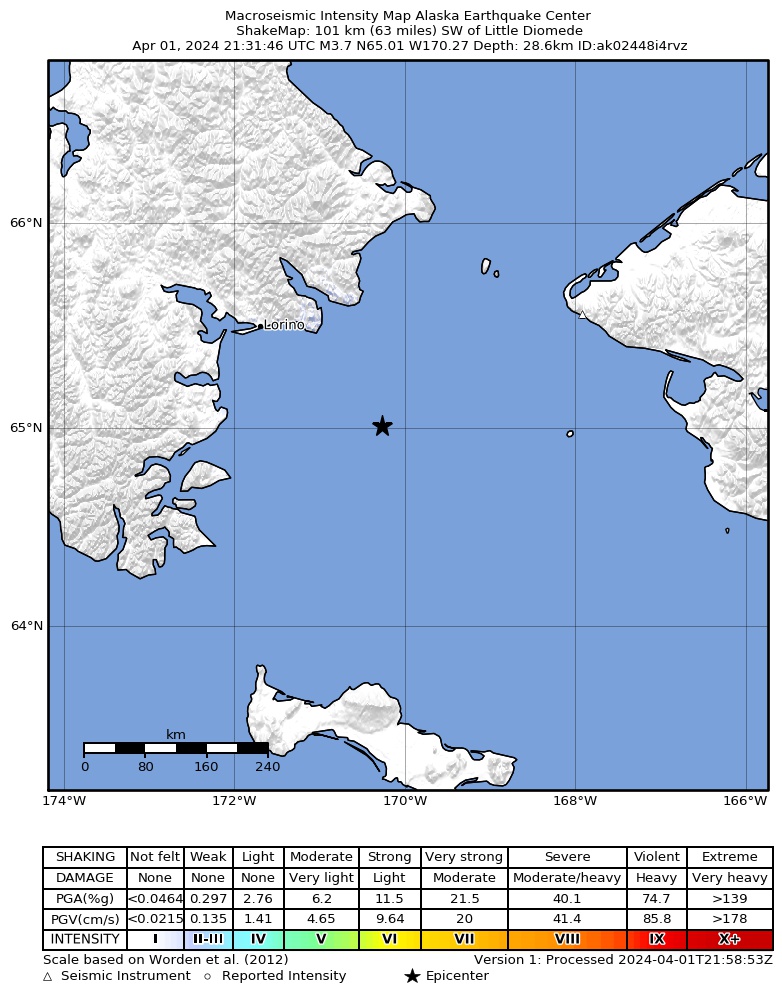 USGS ShakeMap intensity contours for the M3.7 earthquake near 73 km SSE of Lavrentiya, Russia
