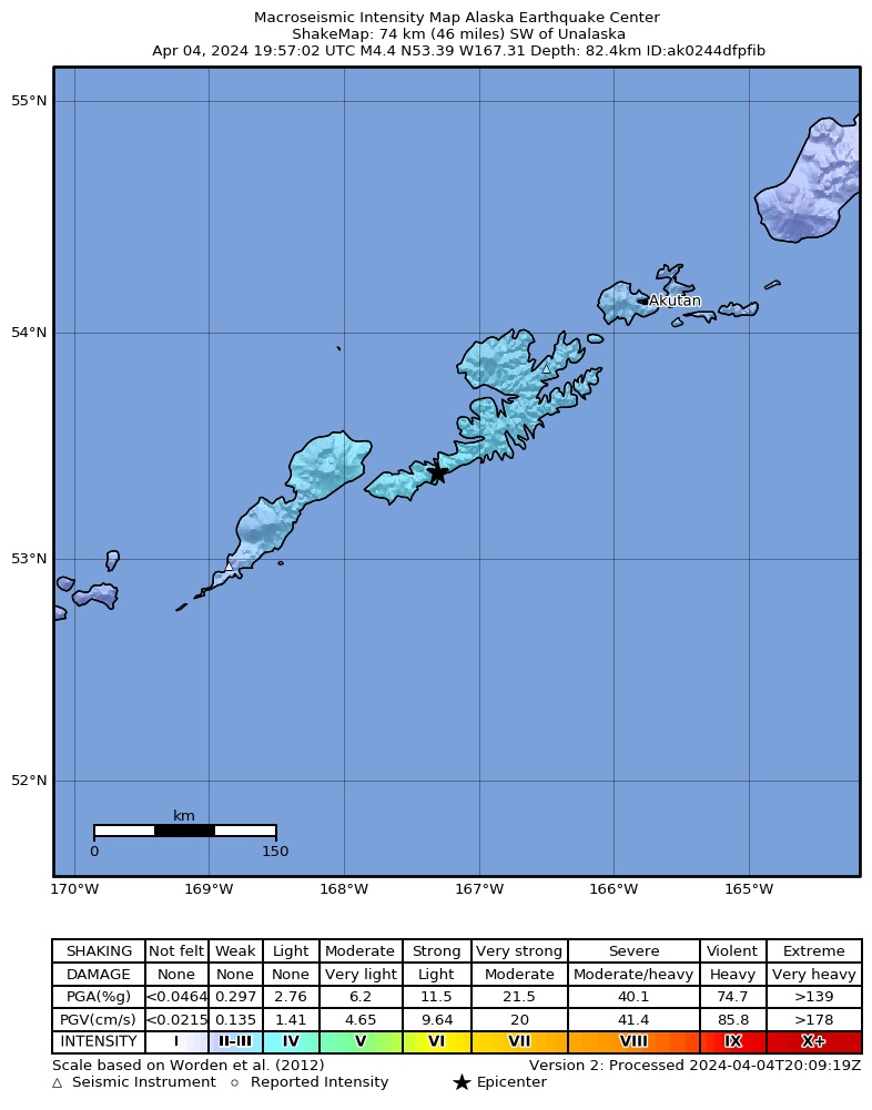 USGS ShakeMap intensity contours for the M4.4 earthquake near 73 km SW of Unalaska, Alaska