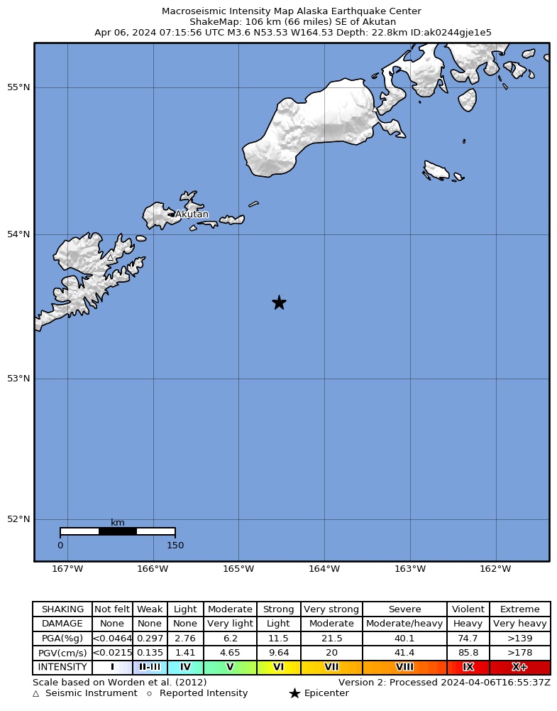 USGS ShakeMap: estimated shaking intensity around the epicenter