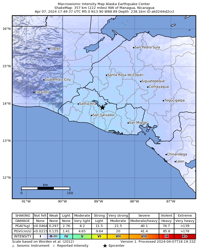 USGS ShakeMap intensity contours for the M5.0 earthquake near 2 km S of Tenancingo, El Salvador