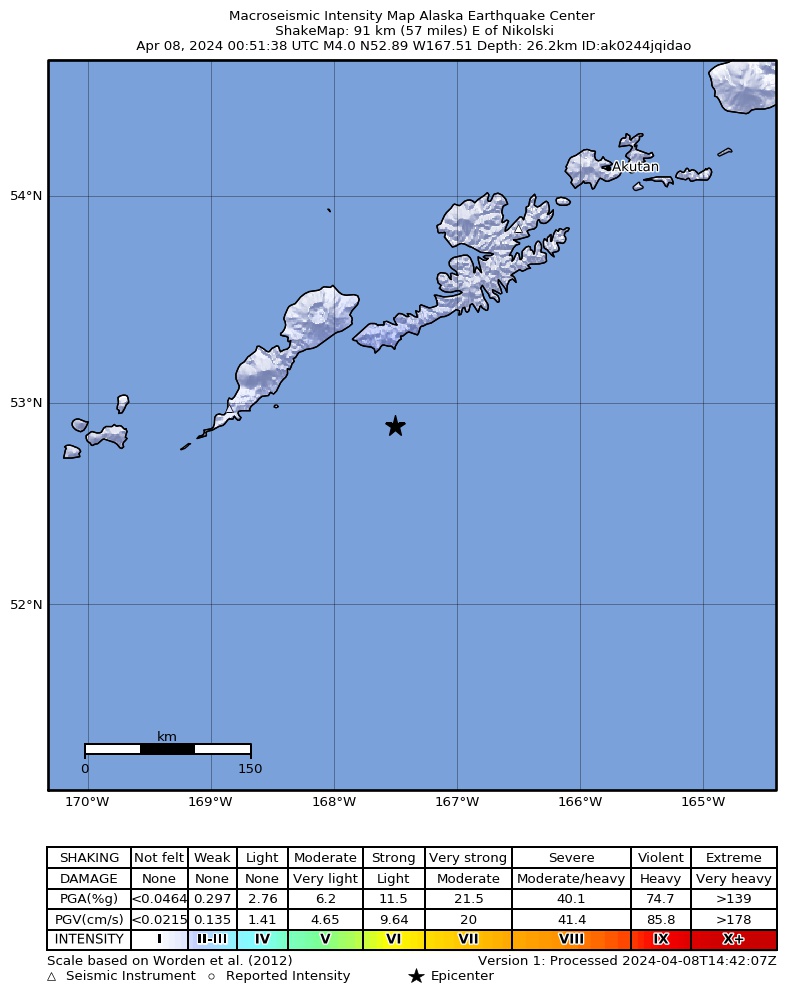USGS ShakeMap: estimated shaking intensity around the epicenter