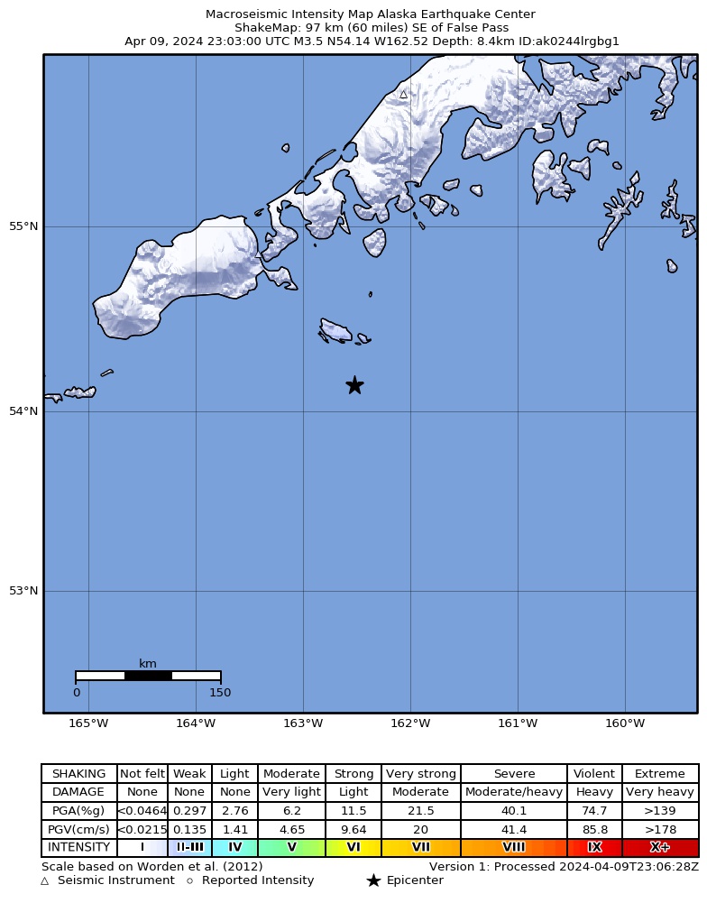 USGS ShakeMap intensity contours for the M3.7 earthquake near 81 km SE of False Pass, Alaska