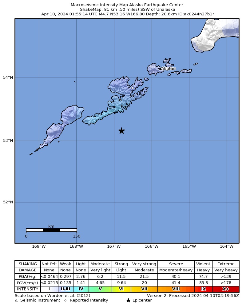USGS ShakeMap: estimated shaking intensity around the epicenter