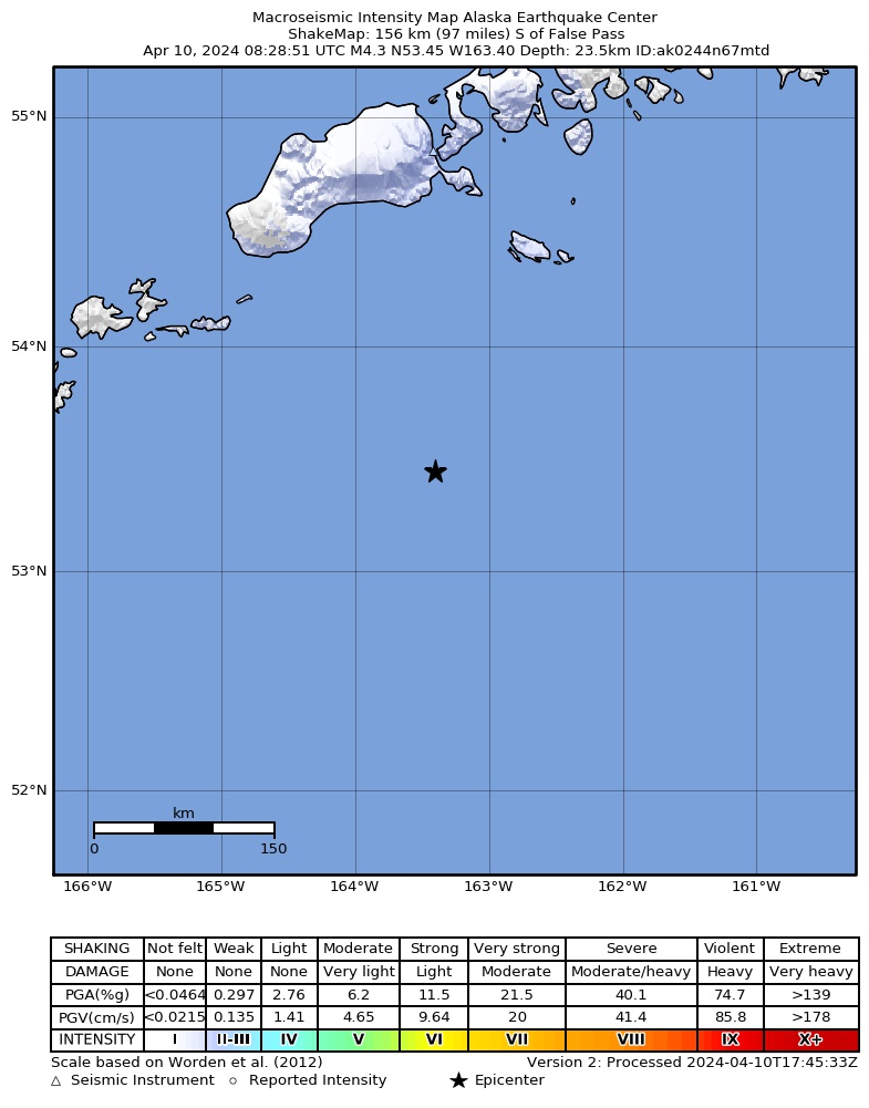 USGS ShakeMap: estimated shaking intensity around the epicenter