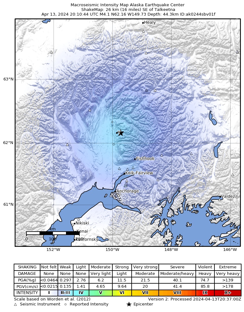 USGS ShakeMap intensity contours for the M4.2 earthquake near 6 km ESE of Susitna North, Alaska