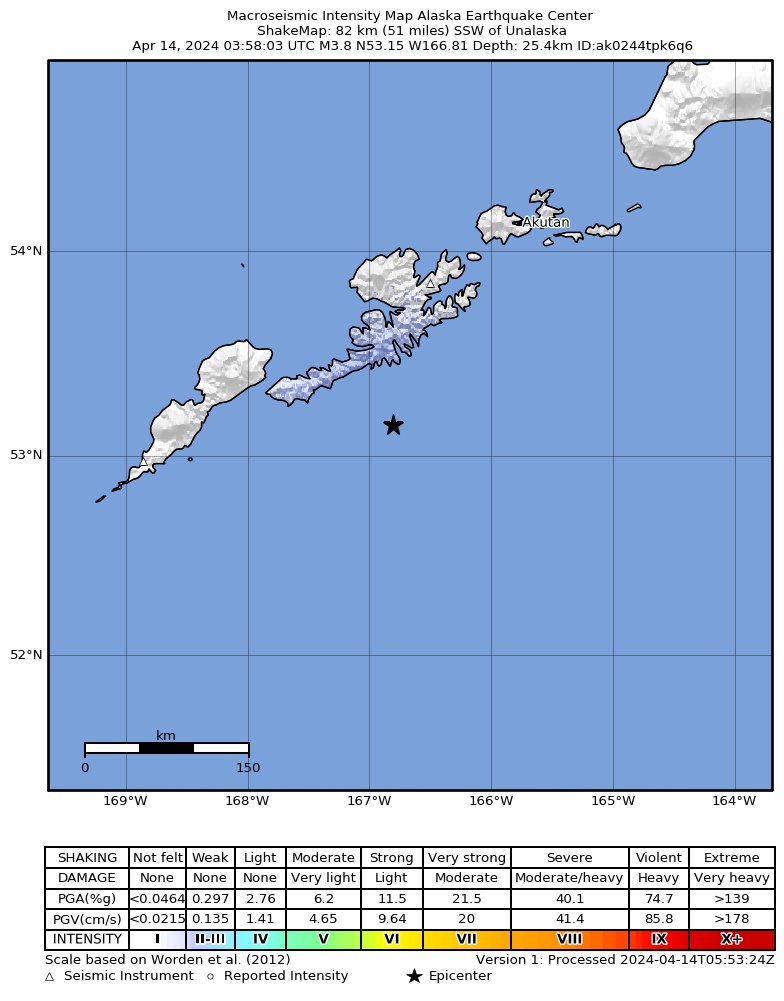USGS ShakeMap: estimated shaking intensity around the epicenter