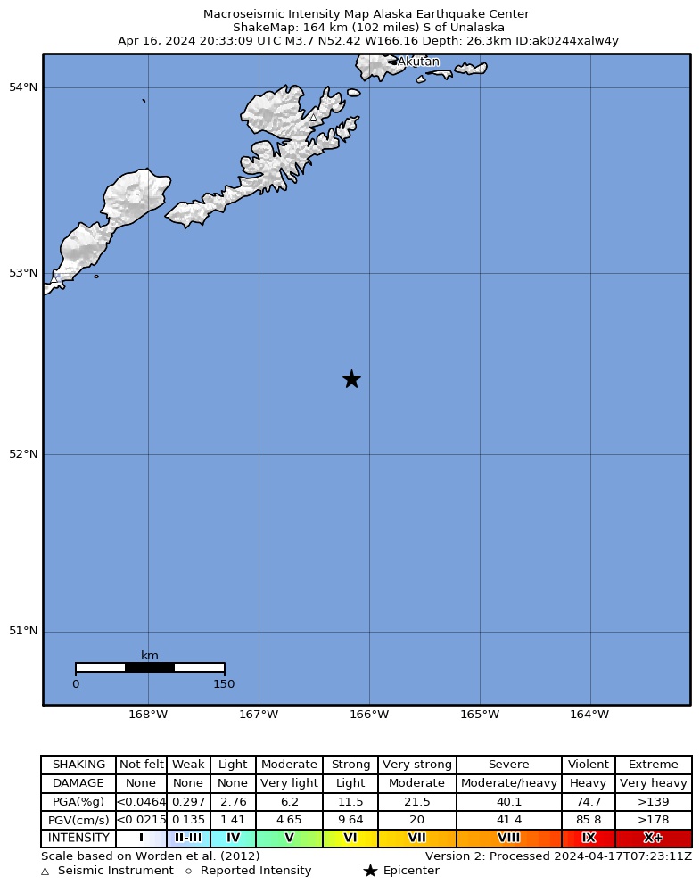 USGS ShakeMap intensity contours for the M4.2 earthquake near 165 km S of Unalaska, Alaska