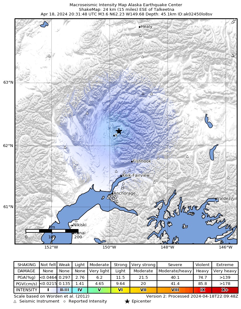 USGS ShakeMap intensity contours for the M3.5 earthquake near 12 km NE of Susitna North, Alaska
