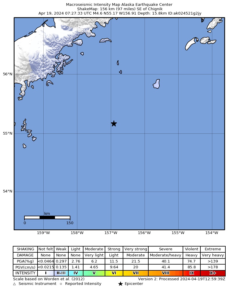 USGS ShakeMap intensity contours for the M4.6 earthquake near 159 km SE of Chignik, Alaska
